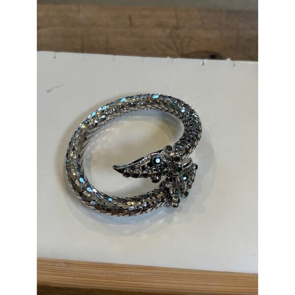 Silver Cobra Head Bracelet With Green Gem Accents & Hinged Design **missing ston - Picture 8 of 10